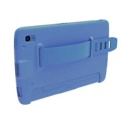 Blue silicone strap tablet case by Zebra, featuring a sturdy rubberized design and an adjustable back strap for secure handling.