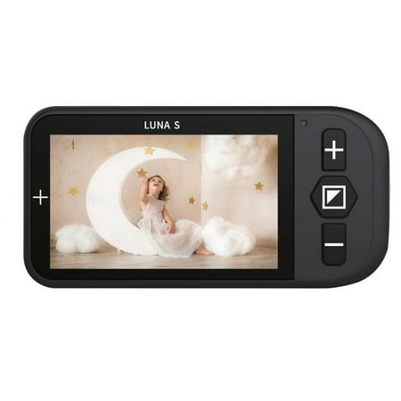 Handheld video magnifier with a 4.3-inch screen, featuring a sleek black design, plus and minus buttons, and a high-contrast display for enhanced visibility.