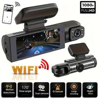 Black dual-camera dash cam with wide screen, IR night vision, and WiFi connectivity, featuring 170° view angle.