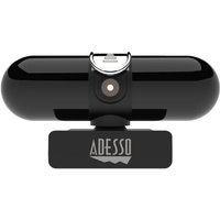Black Adesso CyberTrack H7 webcam with cylindrical design, 4 MP lens, and USB 2.0 connection on a mounting clip.