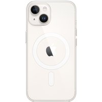 Clear iPhone 14 case with MagSafe, featuring a circular magnetic ring and Apple logo, showcasing dual camera cutouts.