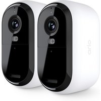White and black Arlo Essential 3 2K security cameras, sleek oval design, dual lens setup.