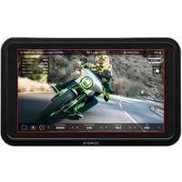 Black Atomos Shinobi II monitor, 5.2-inch, 1920x1080 pixels, displaying a motorcyclist on a winding road.