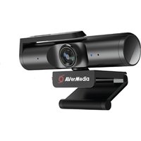 Black AVerMedia PW513 webcam with cylindrical design, 8 MP lens, 3840 x 2160 resolution, USB-C connection.