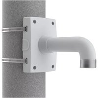 White AXIS camera mount with L-shaped arm, square base, and metal straps for pole attachment.