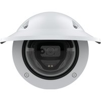 White Axis dome IP security camera with clear lens cover and mounting bracket.