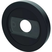 Black circular Axis 02587-001 security camera interface box with central hole and smooth finish.