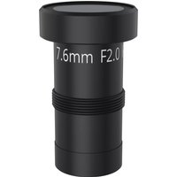 Black Axis 03137-001 security camera lens, 7.6mm F2.0, cylindrical shape with ridged grip.