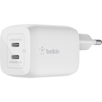 White Belkin AC fast charger with dual USB-C ports and compact design for laptops, smartphones, and tablets.