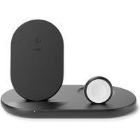 Black Belkin wireless charger for smartphone and smartwatch with oval stand and circular watch dock on flat base.