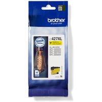 Brother LC-427XLY yellow ink cartridge in blue and white packaging with product details and image of cartridge.