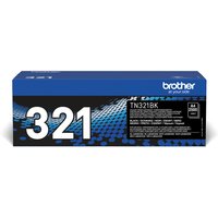 Brother TN-321BK black toner cartridge in blue and black box with white text and dot pattern design.