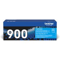 Brother TN-900C Original Cyan toner cartridge in blue and black box with white text and dot pattern.