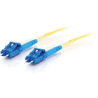 Yellow C2G 85606 fibre optic cable, 3m, with blue LC connectors, OFNR rated.