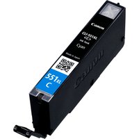 Black Canon CLI-551XL cyan ink cartridge with blue label, QR code, and clear nozzle section.