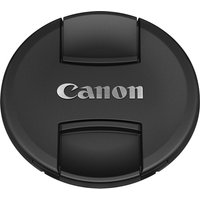 Black Canon E-112 lens cap with white logo, designed for RF 100-300mm F2.8L IS USM lens, featuring center pinch design.