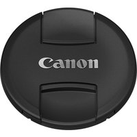 Black Canon E-95 lens cap with white Canon logo and pinch-release design.