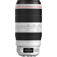 Canon EF 100-400mm f/4.5-5.6L IS II USM lens, white body, black rubber grip, red ring, zoom markings.