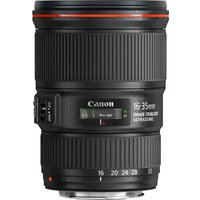 Black Canon EF 16-35mm f/4L IS USM lens with red ring, zoom markings, and focus distance window.