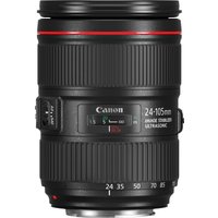 Black Canon EF 24-105mm f/4L IS II USM lens with red ring, zoom markings, and focus adjustment switches.
