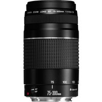 Black Canon EF 75-300mm f/4-5.6 III telephoto lens with textured zoom ring and silver mount.