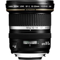 Black Canon EF-S 10-22mm f/3.5-4.5 USM lens with zoom ring, focus scale, and silver accent ring.
