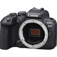 Black Canon EOS R10 APS-C mirrorless camera body, no lens, with textured grip and prominent control dials.