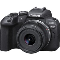 Canon EOS R10 mirrorless camera with black body, RF-S 18-45mm lens, textured grip, and prominent Canon logo.