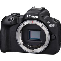 Black Canon EOS R50 mirrorless camera body with APS-C sensor, textured grip, and prominent Canon logo on top.
