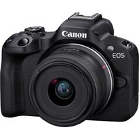 Canon EOS R50 black mirrorless camera with RF-S 18-45mm lens, textured grip, and prominent Canon logo.