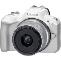 White Canon EOS R50 mirrorless camera with RF-S 18-45mm lens, compact design, and prominent grip.