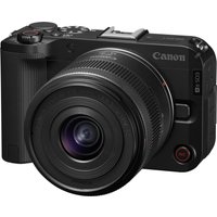 Black Canon EOS R50 V mirrorless camera with 14-30mm lens, textured grip, and prominent Canon logo.