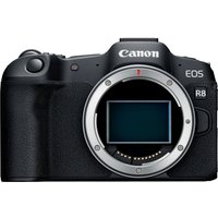 Canon EOS R8 full frame mirrorless camera body, black with textured grip and prominent lens mount.