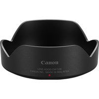 Black Canon EW-53B lens hood for RF-S 10-18mm, semi-circular shape with cutouts, Canon branding on front.