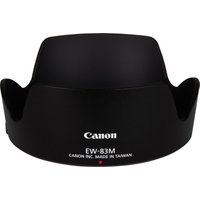 Black Canon EW-83M lens hood with petal-shaped design and white logo text on the front.