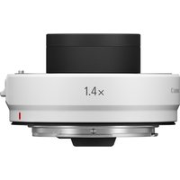 White Canon Extender RF 1.4x lens accessory with black top and silver mount.