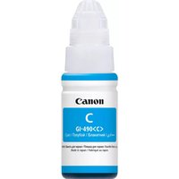 Canon GI-490C cyan ink bottle with white cap and blue label, designed for Canon printers.