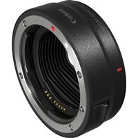 Black Canon Mount Adapter EF-EOS R with metallic ring and electronic contacts, textured grip surface.