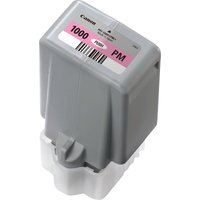 Gray Canon PFI-1000PM ink cartridge with pink label and barcode, designed for photo magenta printing.