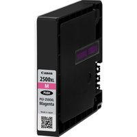 Black Canon PGI-2500XL magenta ink cartridge with magenta label and QR code on the side.