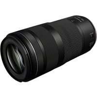 Black Canon RF 100-400mm telephoto lens with textured zoom ring and image stabilization features.