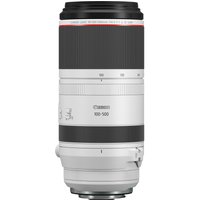 White Canon RF 100-500mm lens with black grip, red ring, and tripod mount.
