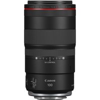 Black Canon RF 100mm F2.8L MACRO IS USM Lens with red ring, focus and control rings, and white text detailing.