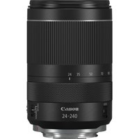 Black Canon RF 24-240mm F4-6.3 IS USM lens with zoom ring, focus ring, and silver mount.
