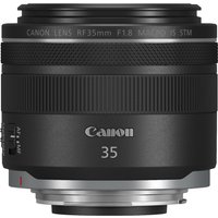 Black Canon RF 35mm F1.8 IS Macro STM lens with textured focus ring and silver mount.