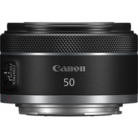Canon RF 50mm F1.8 STM Lens, black with silver accents, textured focus ring, and Canon logo on the side.