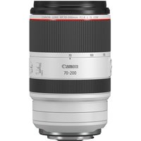 White Canon RF 70-200mm F2.8L IS USM lens with black grip and red ring near the top.