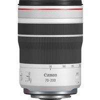 Canon RF 70-200mm F4L IS USM lens, white with black grip and red ring, featuring zoom markings.