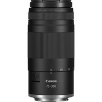 Black Canon RF 75-300mm F4-5.6 APS-C zoom lens with textured grip and silver mount.