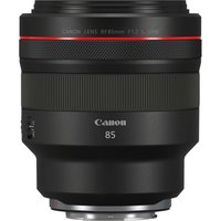 Black Canon RF 85mm F1.2L USM lens with red ring, wide aperture, and silver mount.